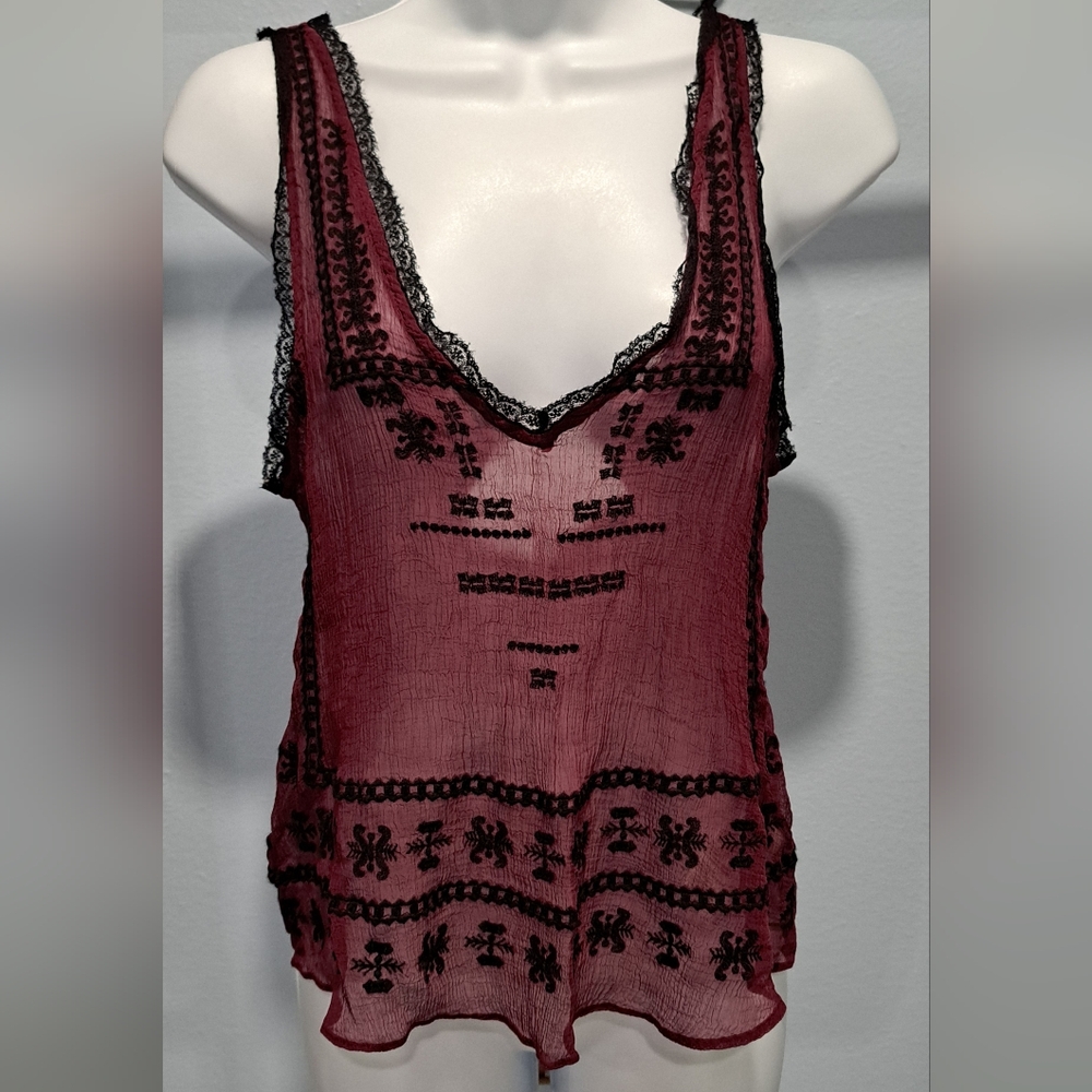Sheer Burgundy and Black Lace Tank Top